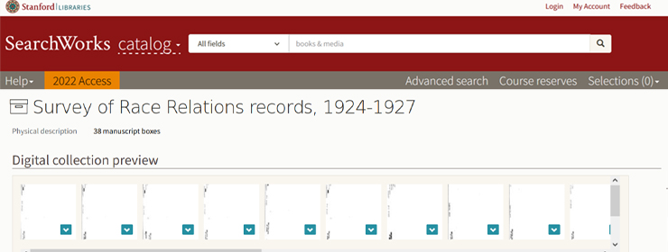 Screenshot of the Survey of Race Relations records in Searchworks